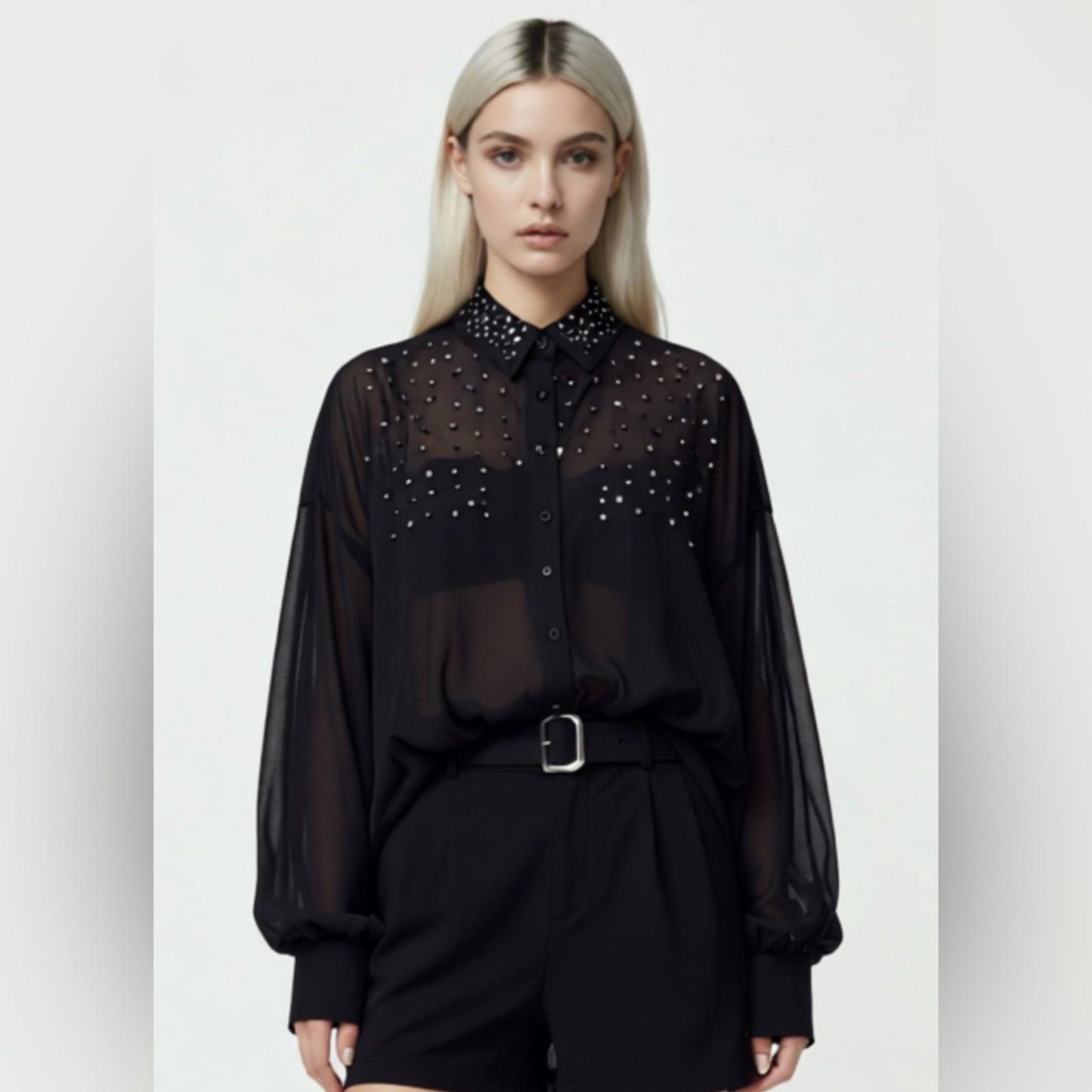 Pre-Love Chic Sheer Black Studded Blouse