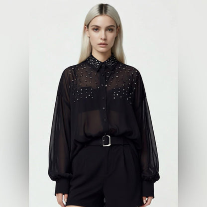 Pre-Love Chic Sheer Black Studded Blouse