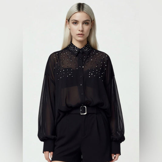 Pre-Love Chic Sheer Black Studded Blouse