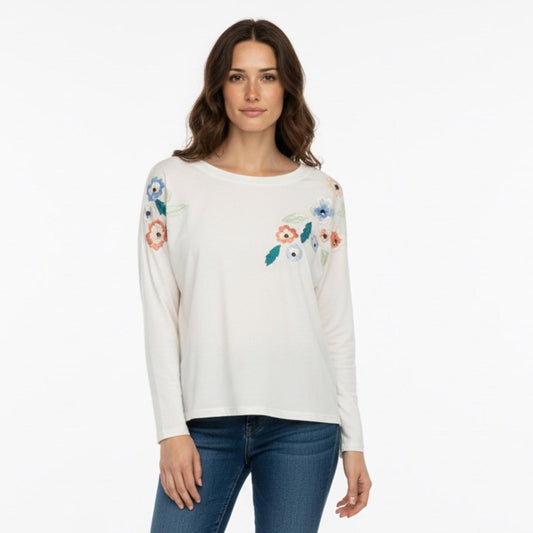 Pre-Love Chic White Floral Embroidered Long Sleeve Top