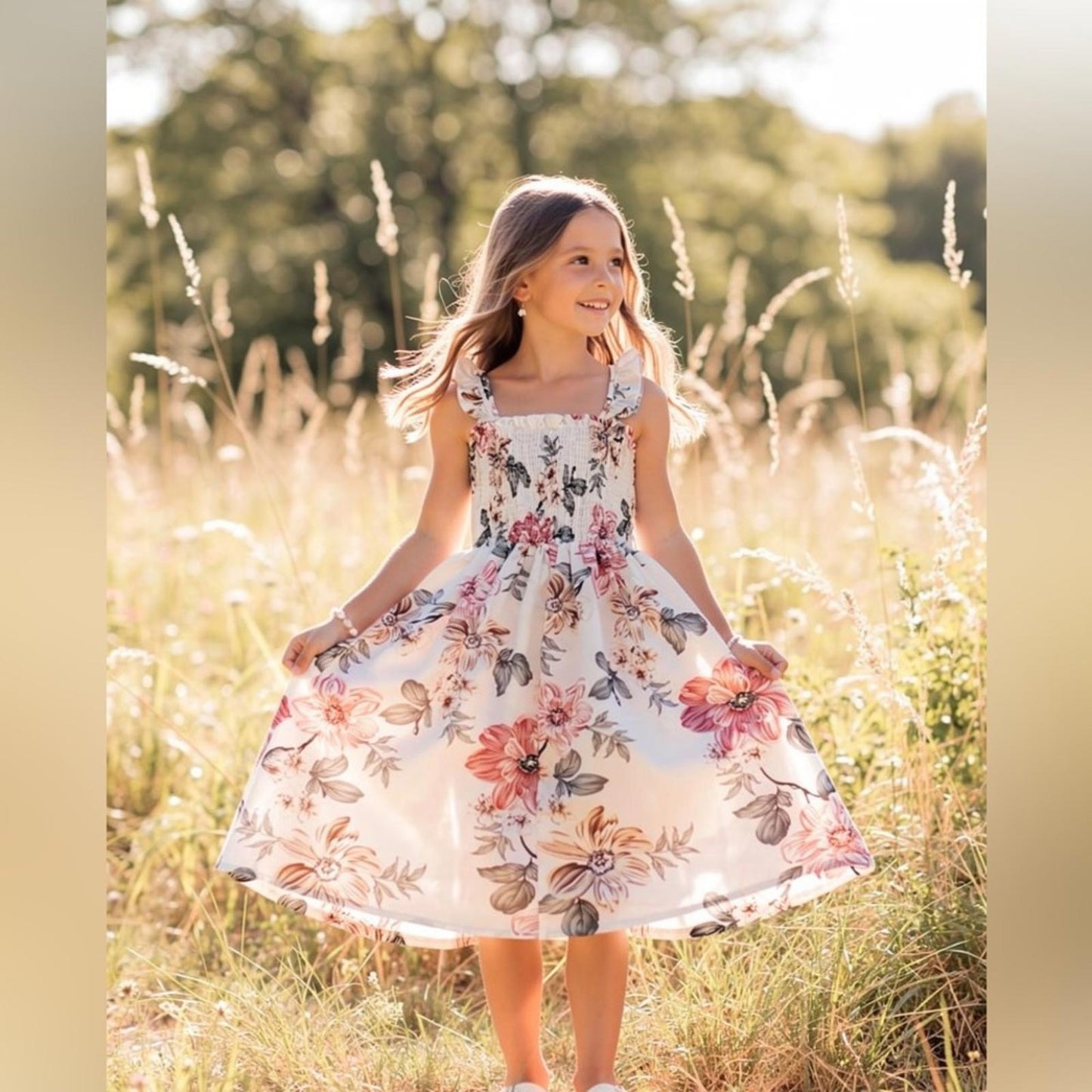 PatPat Floral Girls Dress in Cream and Pink