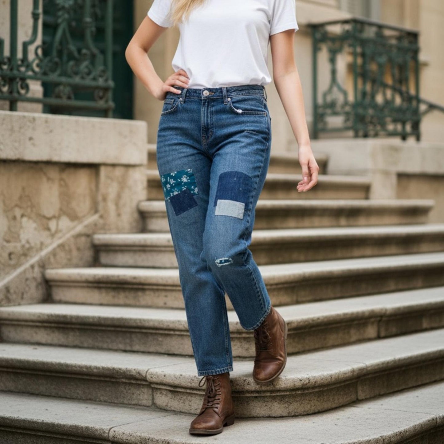 Lauren Ralph Lauren Blue Patchwork Straight Leg Jeans