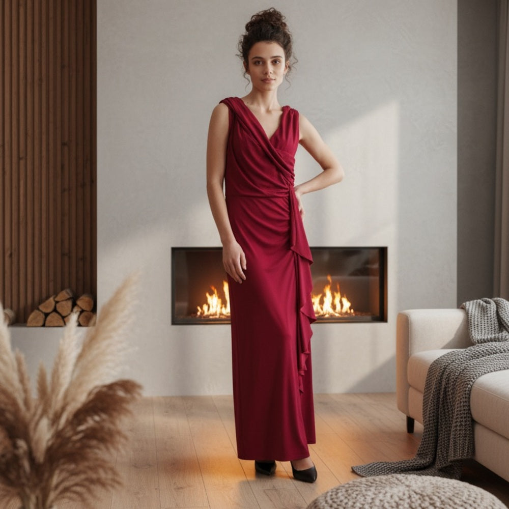 Donna Karan Red Draped Ruffle Maxi Dress