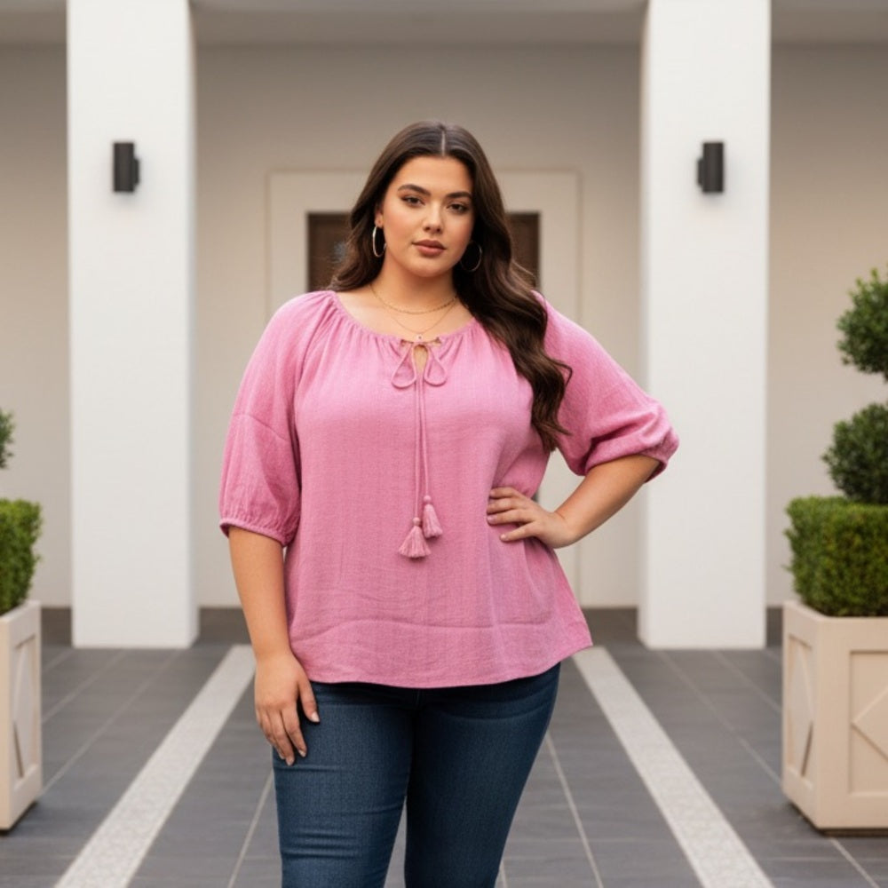 Ideology Pink Plus Size Peasant Blouse with Tassel Tie