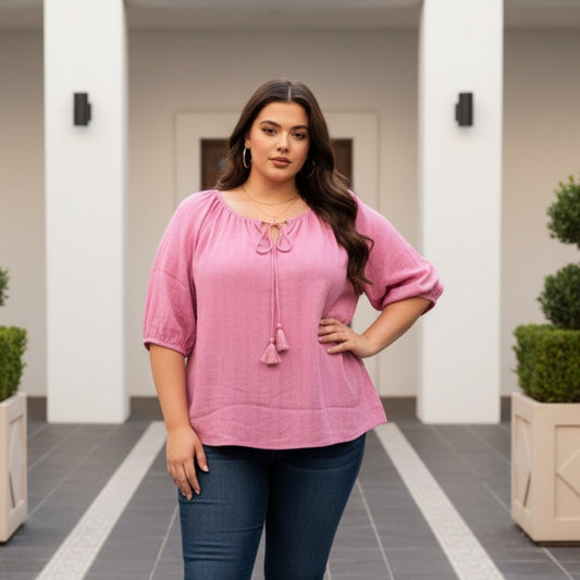 Ideology Pink Plus Size Peasant Blouse with Tassel Tie
