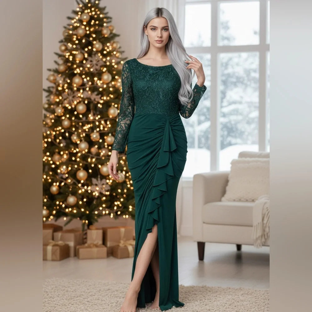Betsy & Adam Chic Long Sleeve Green Lace Gown