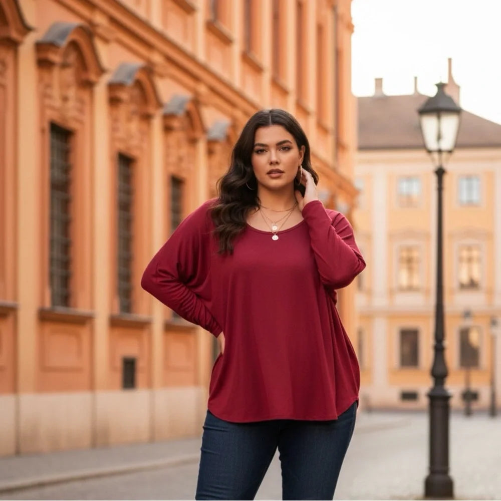 Ideology Burgundy Plus Size Long Sleeve Relaxed Fit Top
