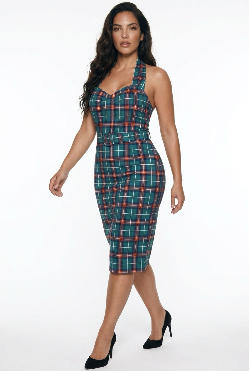 Plaid Halter Belted Midi Dress – Green Multi