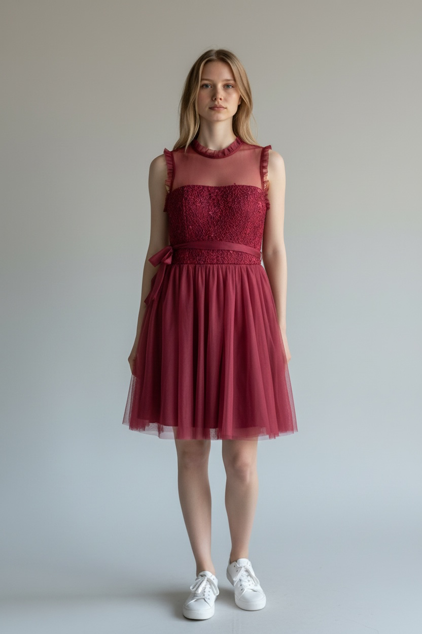 City Studio Burgundy Lace & Tulle Fit-and-Flare Dress