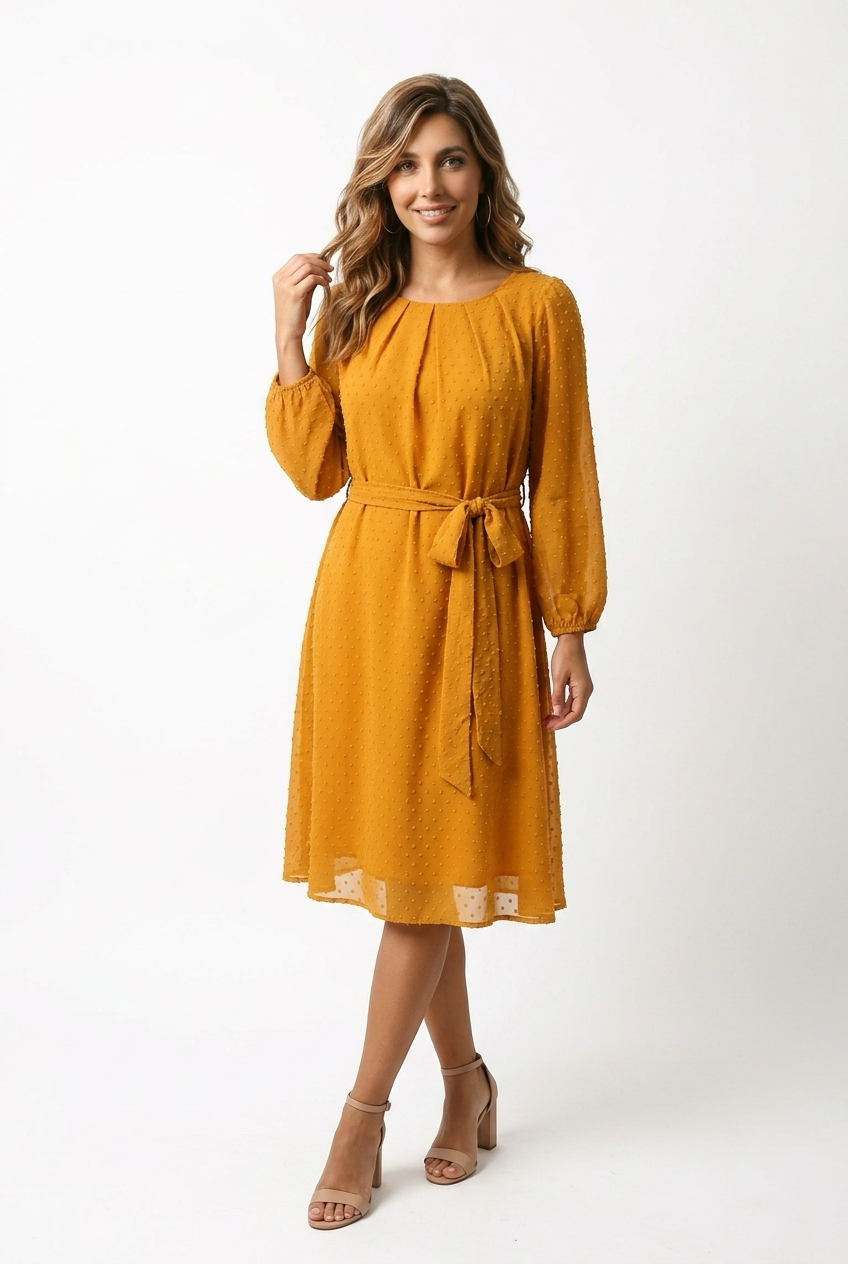 NY Collection Mustard Yellow Swiss Dot Belted Midi Dress