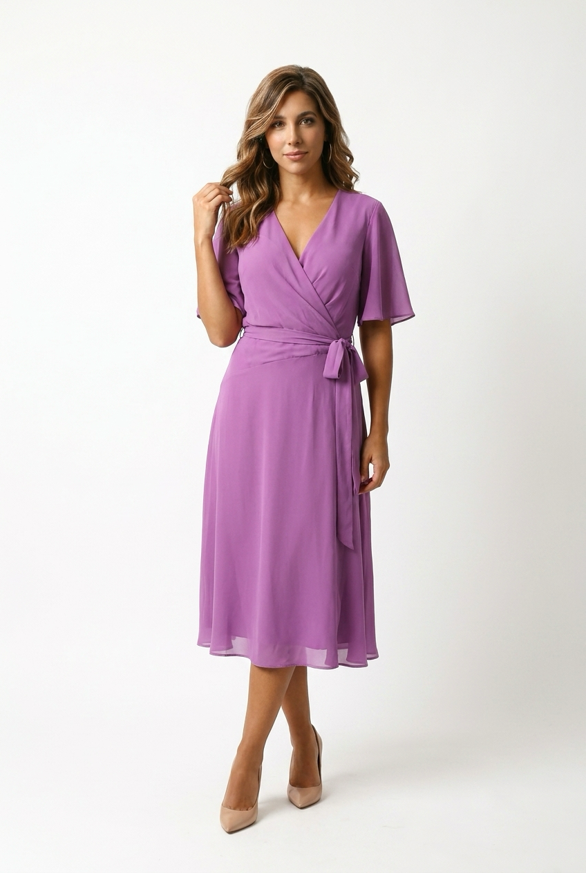 Lavender Purple Chiffon Wrap Midi Dress